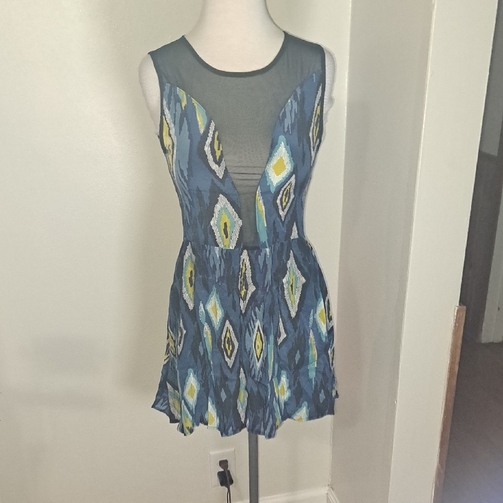 100% Silk Blue Patterned Mini Dress By For Love & Lemons SZ M